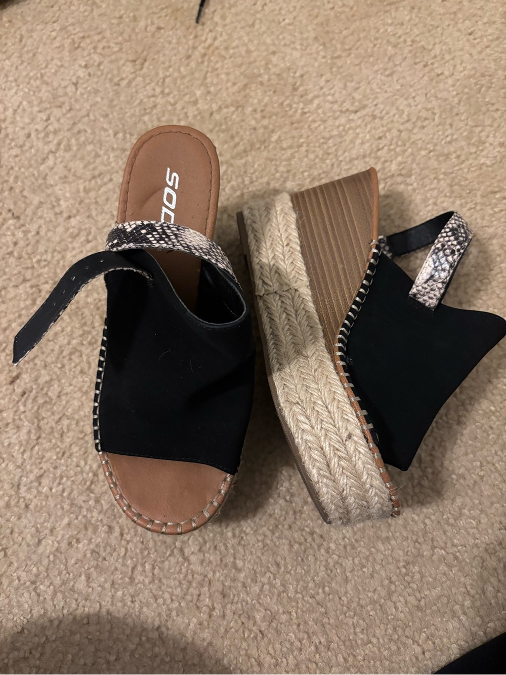 Soda Black Espadrille Wedge Sandals with Snake-Print Strap